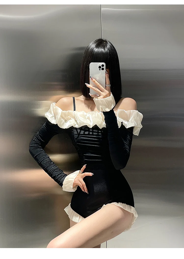 LMM French super fairy long-sleeved swimsuit women's hot spring conservative belly cover and thin swimsuit