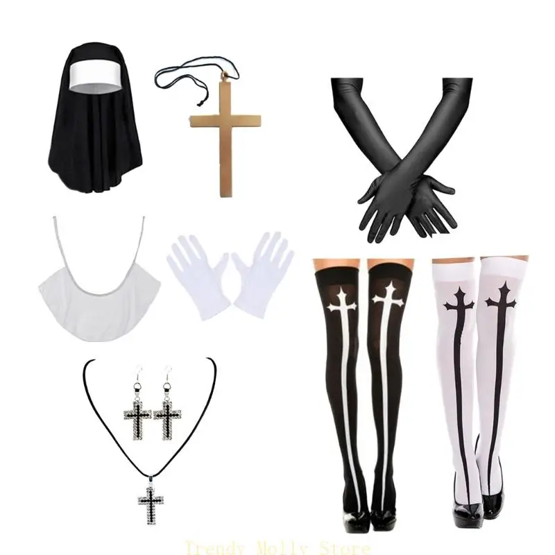 

N5KB Women Nun Cosplay Costumes Headpiece Crossing Pendant Necklace Collar Stocking