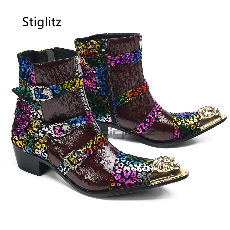 Men's Prints High Heels Chelsea Boots Belt Buckle Wine Red Genuine Leather Business Ankle Boots Metal Pointed Toe Handmade Shoes