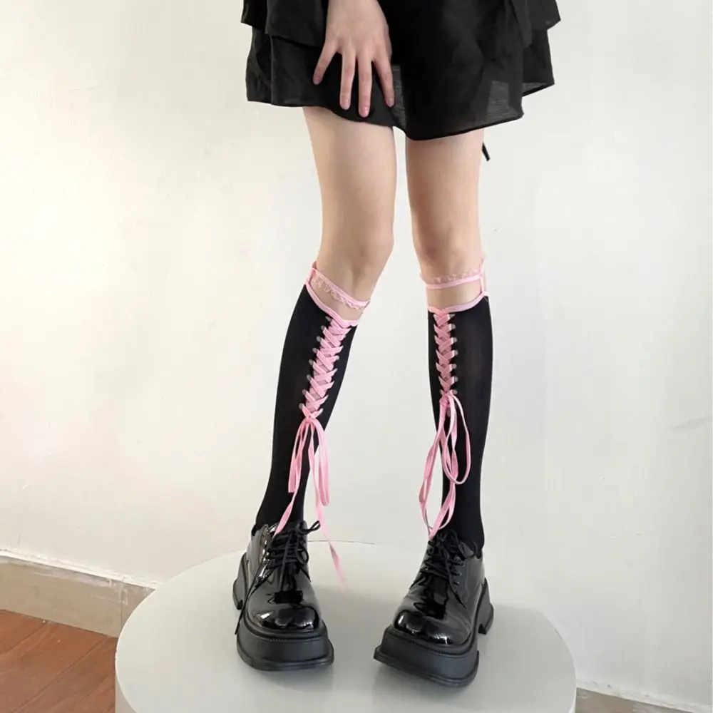 Sweet Cool Girls Middle Tube Socks Breathable Thin Summer Hollow Cross-Tie Cosplay Stocking Ribbon Bow Lace Dark Luoli Tight