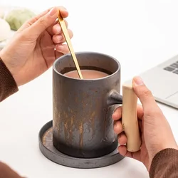 Taza de café de cerámica de estilo japonés de gran capacidad, taza de café y té de 600ml, esmalte de óxido, cerámica rugosa, taza de cerveza de agua con mango de madera