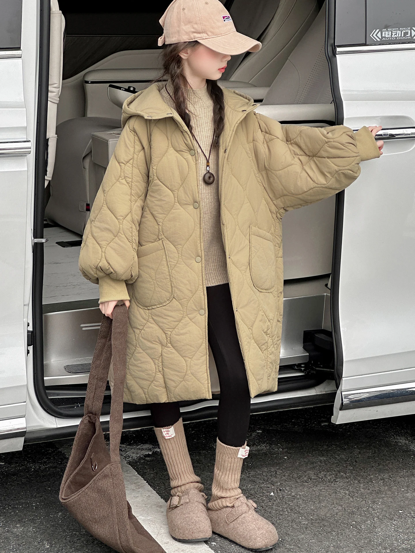 

Thickened Casual Cotton Jacket for Girls Winter Fashionable Children's Clothing Autumn Winter Middle-Length Coat with Hood