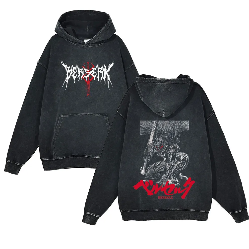 Anime Berserk Retro Washed Hoodies 100% Cotton Tops Black Acid Vintage Y2K Hooded Sweatshirts Oversize Hip Hop Male Pullover