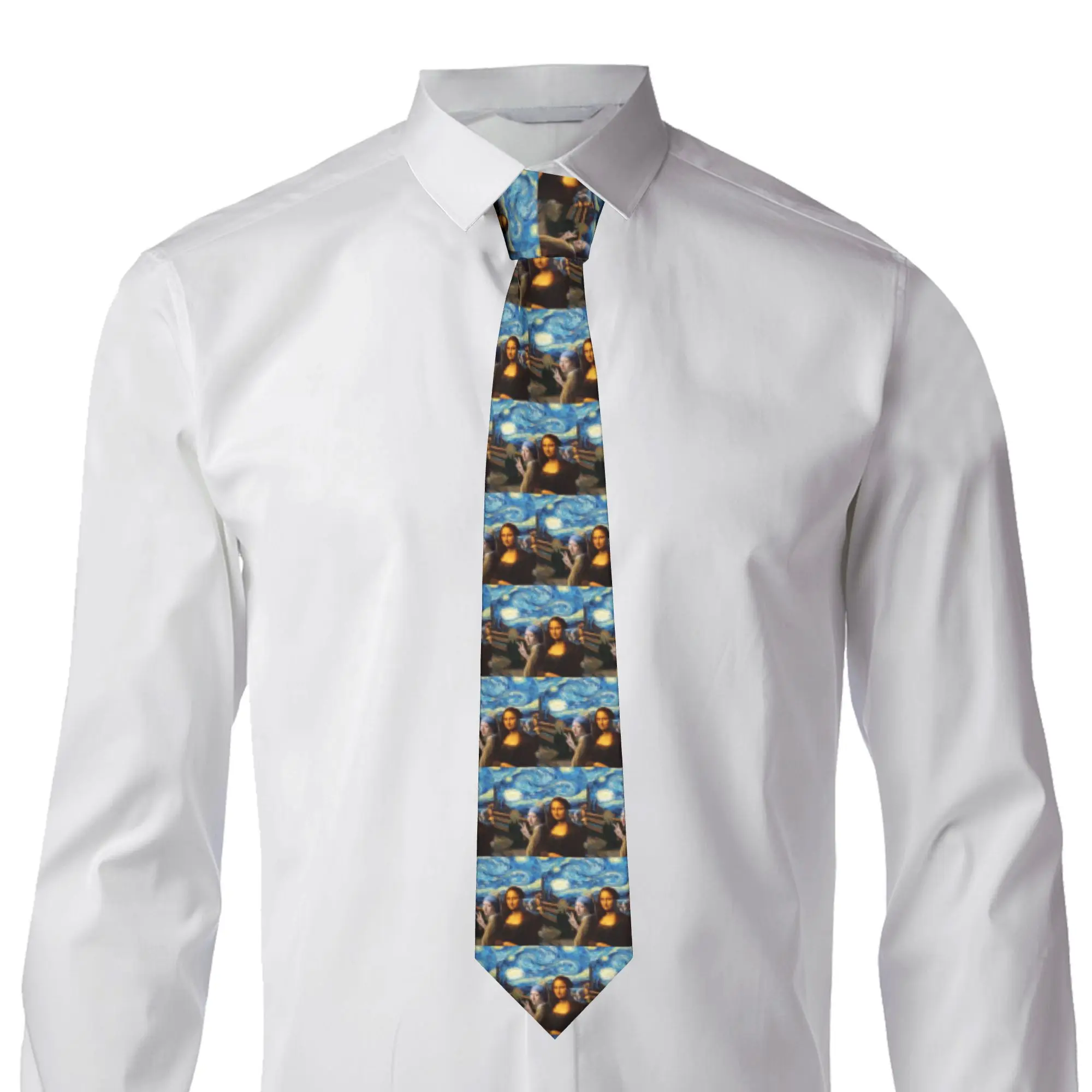 Formal Starry Night By Mona Lisa and Vincent Van Gogh Neck Tie Men Silk Art Painting Necktie for Party Gravatas