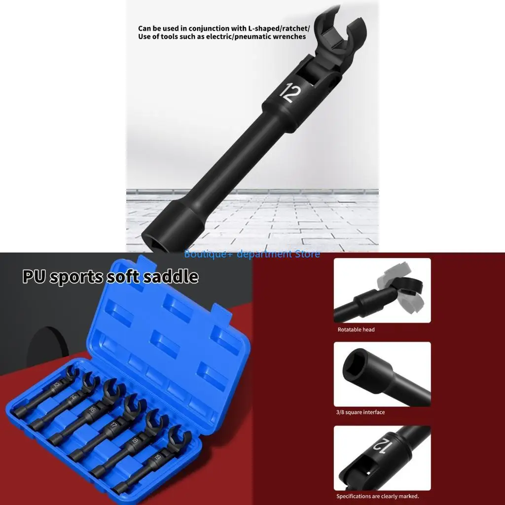 E1PD Pack of 6 Long Handle Flexible Head Fuels Pipe Socket Wrench Set Includes 12mm To 19mm Socket For Automotive Repair Use