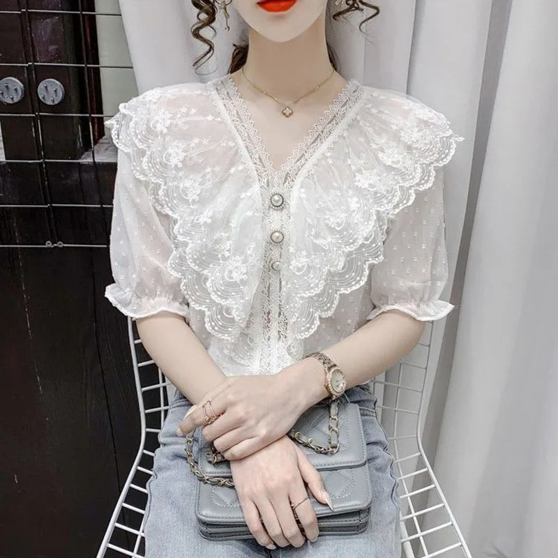 Elegant V-Neck Spliced Beading Lace Ruffles Princess Sleeve Blouse Women's Clothing 2023 Summer New Casual Pullovers Sweet Shirt