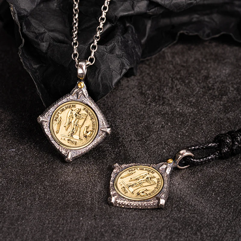 

Vintage Pendant Silver Lucky Angel Medal with Gallic Rooster Symbol Antique Jewelry