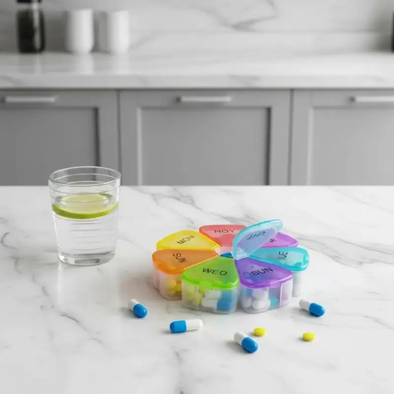 Portable Medicine Organizer 7 Color-Coded Independent Compartments Clear Date Marks Pill Box for Daily Travel Use