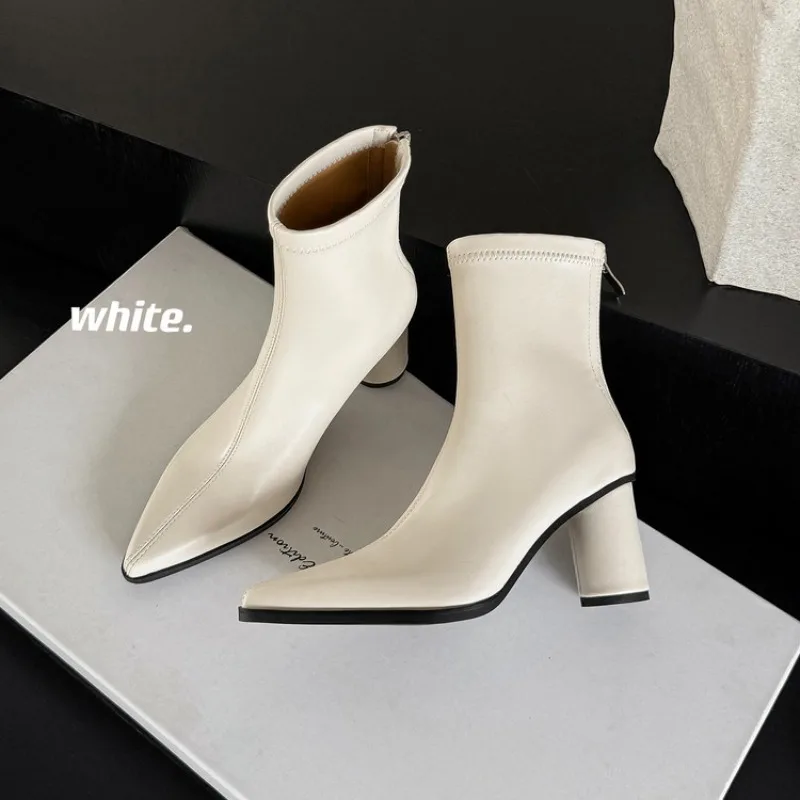 White Ankle Boots for Women Side Zipper Stretch Luxury Genuine Leather Short Boot Fashion Pointed Shoes Botas De Mujer 2026
