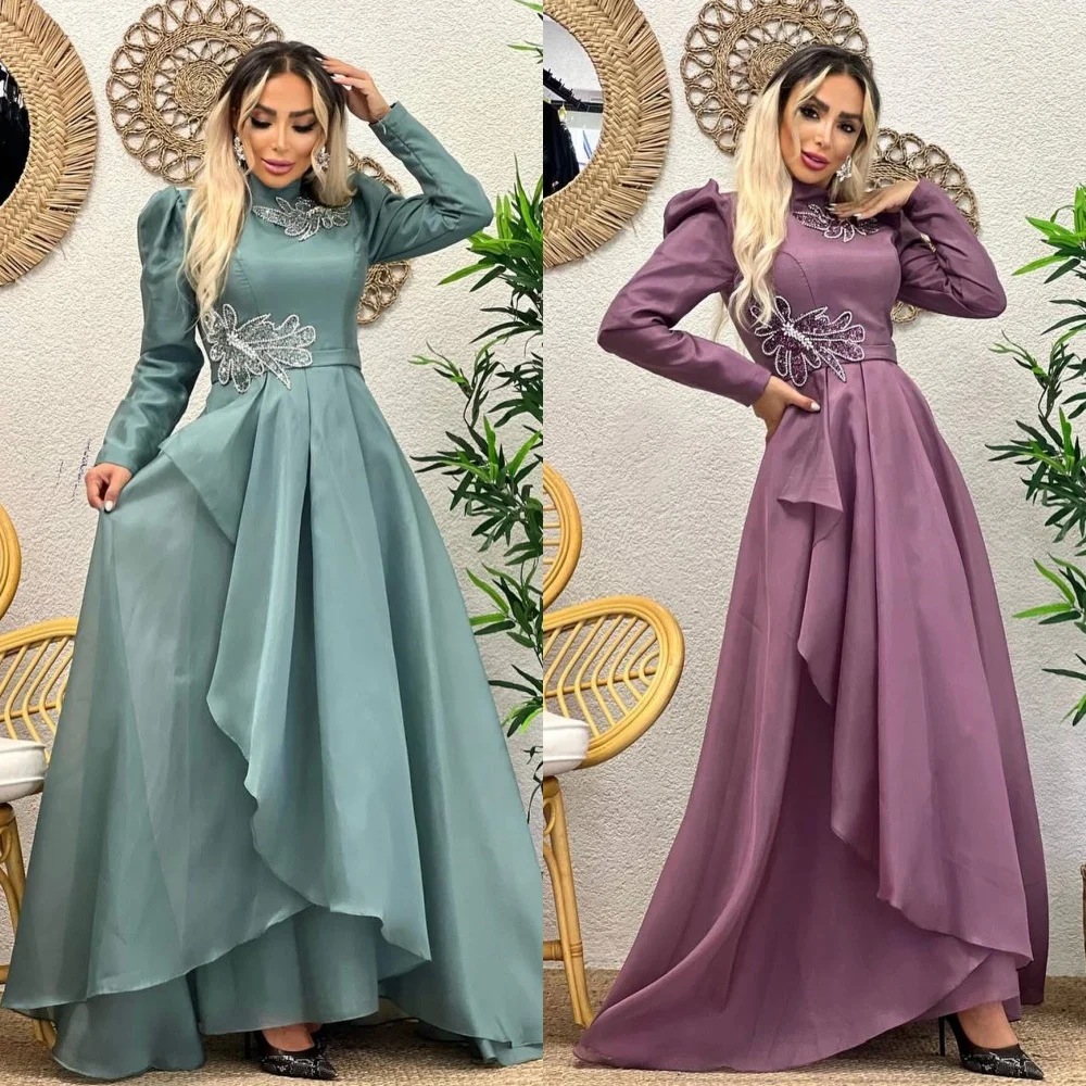 Robe longue en organza drapée et plissée, tenue de graduation, coupe trapèze, col haut, sur mesure, pour occasions