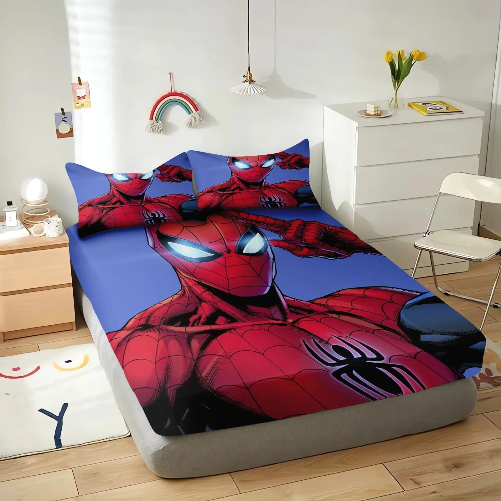 3D HD Digital Print spiderman Fitted Sheet Mattress Cover With Elastic Customized Cartoon Bed Deep Pocket with 2 Pillowcase