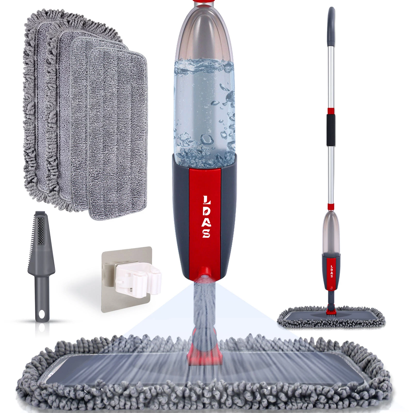 DARIS Spray Mop, 360ml Bottle, 4 Microfiber Mop Pads, Scraper, Mop Clip, Wet and Dry Use, Flat Floor Cleaning Mop