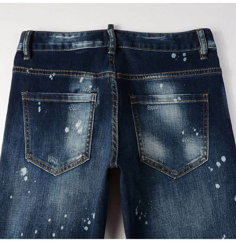 Herren Jeans mit Löchern und Patchwork-Design, Streetwear, dunkelblau, Stretch-Hose, bemalte Skinny Tapered Hose – Detail 11