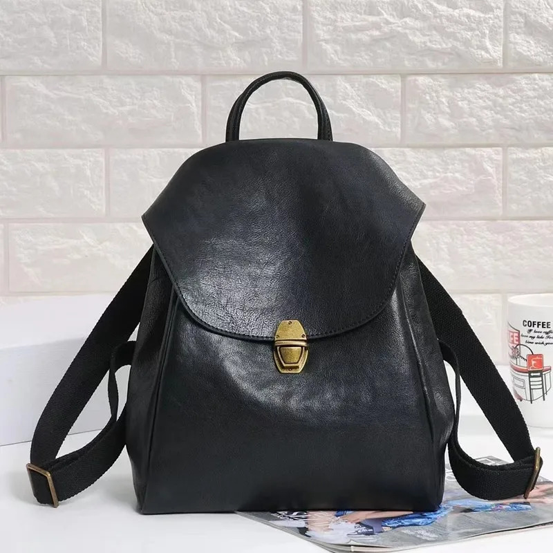 Original simple Cowhide leather women's backpack shoulder bag ladies school bag 2026 new retro soft black leather Hasp backpacks