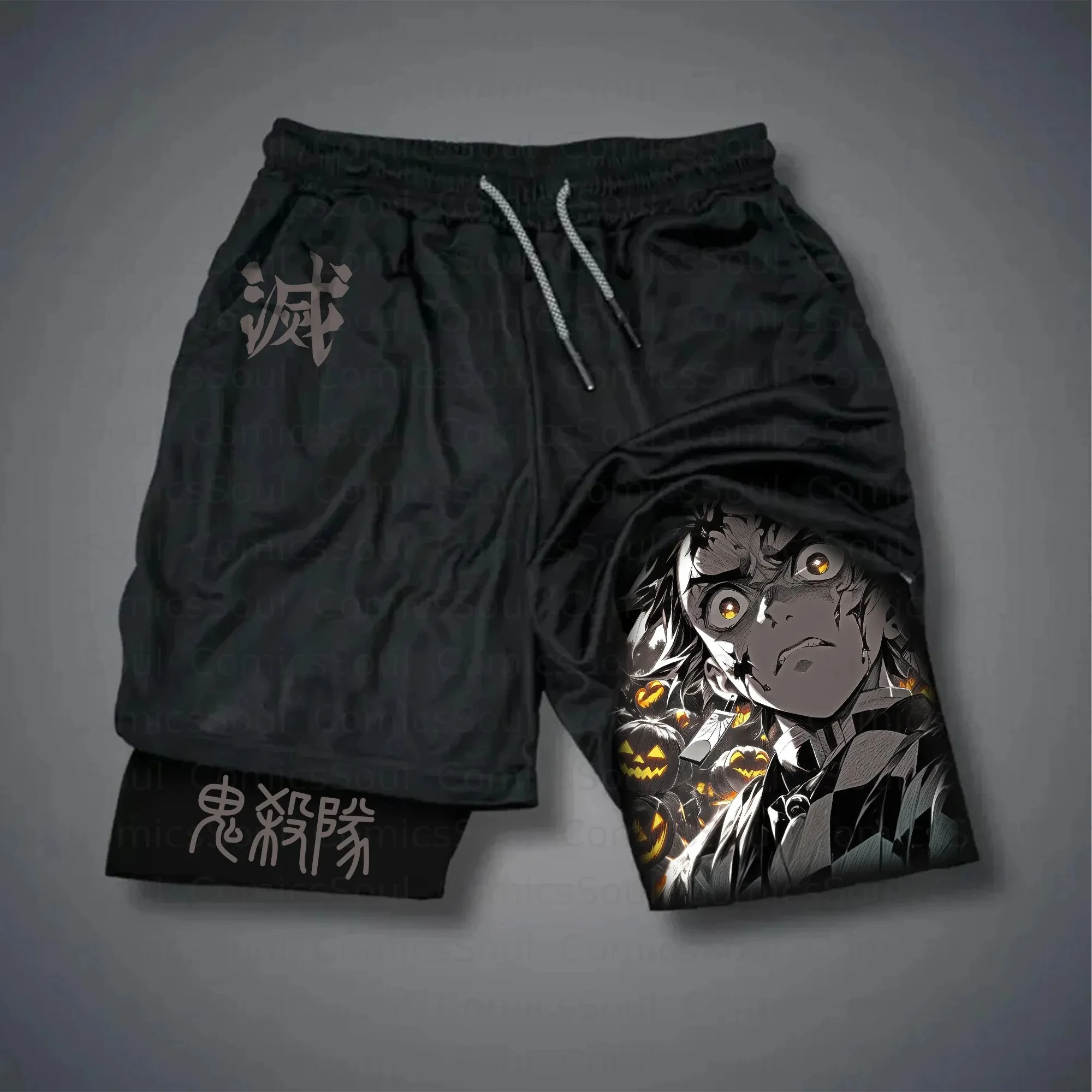 

Demon Slayer Kimetsu No Yaiba Anime Drawstring Black Shorts for Men 2026 Summer Casual Japanese Kanji Destroy Print