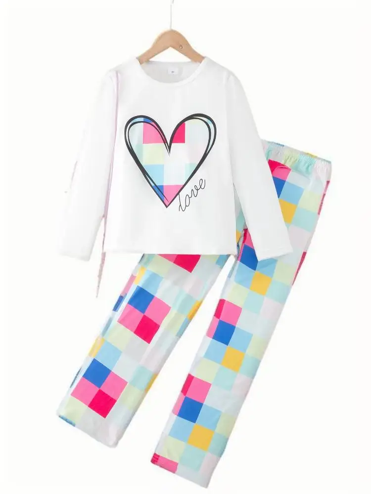 

Autumn new girls' fresh and sweet cartoon simple love print long sleeved+square grid straight leg pants set