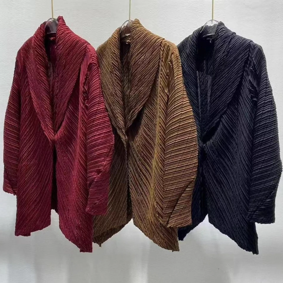 

Miyake плиссированная осенняя куртка с длинными рукавами, свободный крой, кардиган с воротником для похудения, элегантный трикотаж с открытой передней частью, простая эластичная женская одежда