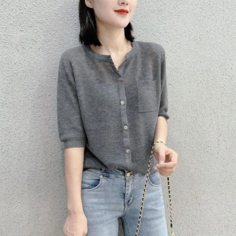 Women Ice Silk Knit Cardigan Half Placket Pocket Design Short Sleeve Loose Plus Size Summer Casual Knit Top