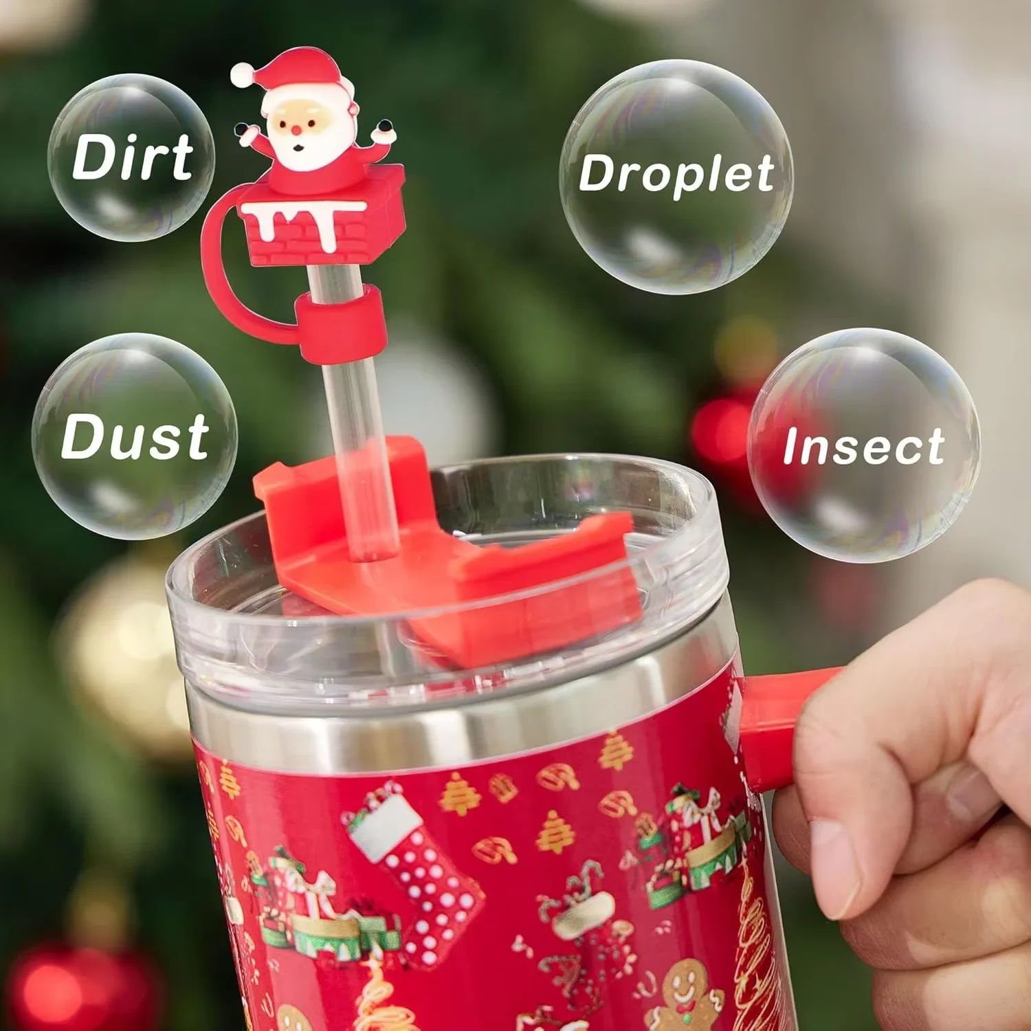 Festive Christmas Silicone Straw Toppers For  Cups 30/40 Oz Dustproof & Splashproof Drink Covers