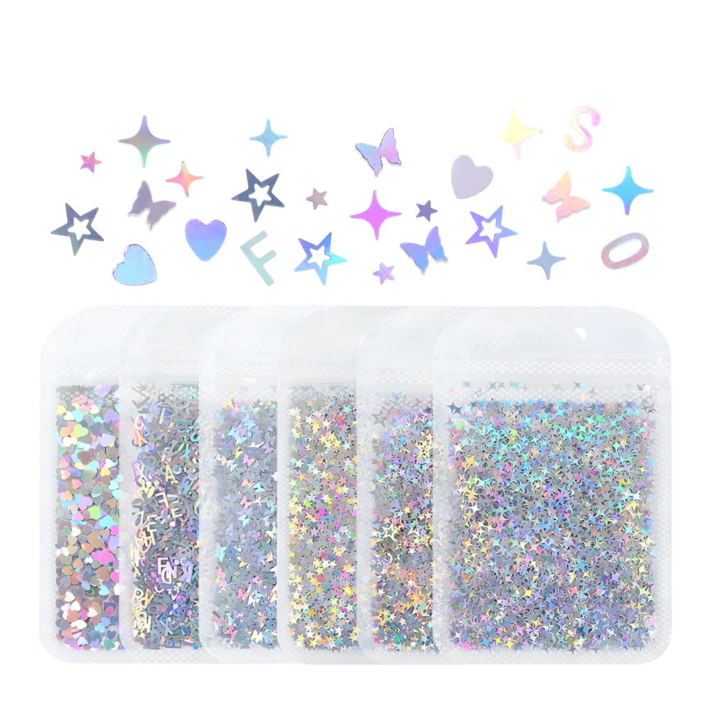 6pcs Laser Silver Sequins Glitter For Epoxy Resin Filling Shiny Alphabet Star Butterfly Paillettes DIY Shaker Mold Crafts Filler