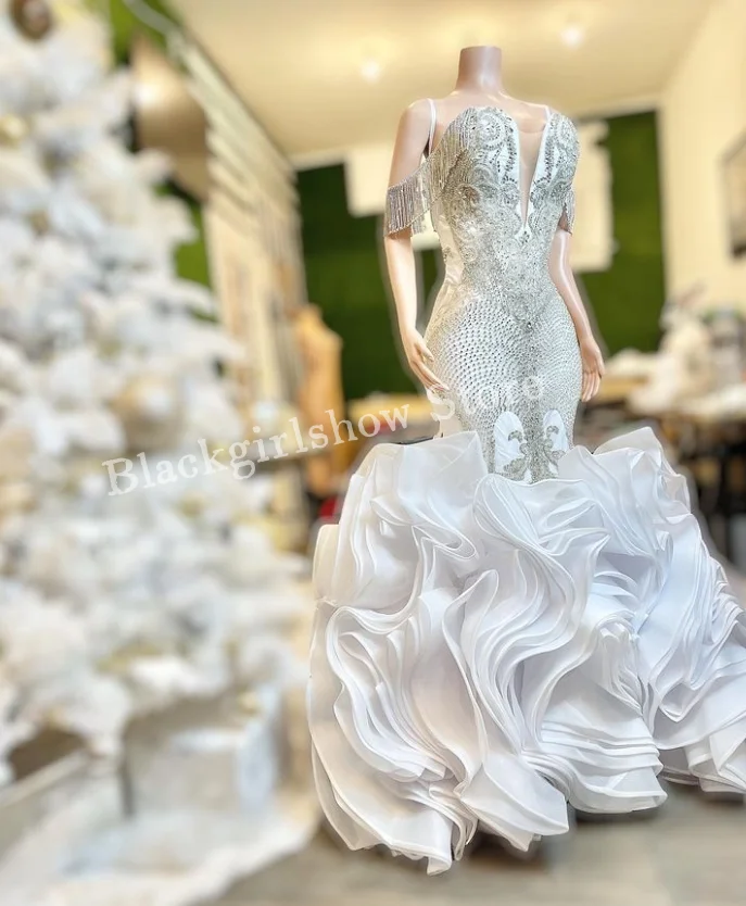 Gaun pernikahan Diamante putih berkilau 2024 untuk wanita korset berlian imitasi kristal mewah gaun renda pengantin Vestido De Novia