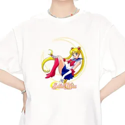 bilibili S-Sailor Girl Cute M-Moon T Shirt Women Couple Combination Clothes Short Sleeve Collar Fashion Man Cotton