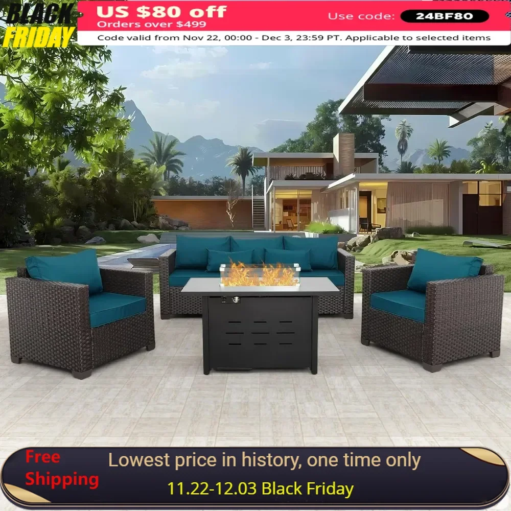 

4 Piece Patio Furniture Set 45In Fire Pit Table Outdoor Furniture Sets Patio Couch Outdoor Chairs 50000 BTU Propane Fire Pit