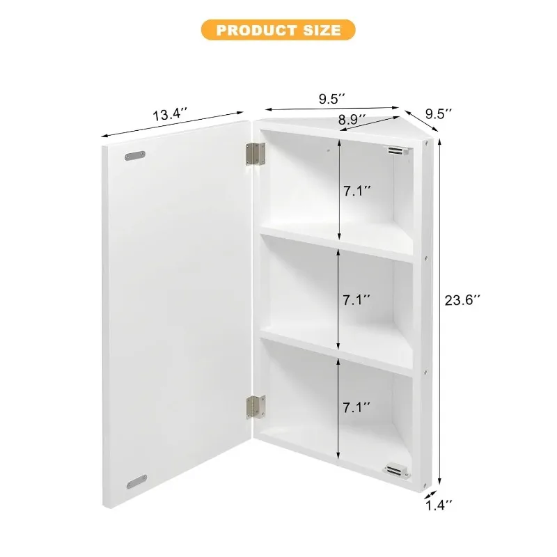 Corner Wall Mount Medicine Cabinet With Mirror 3 Storage 2 Fixed Shelves Opens Right To Left 24x14 White