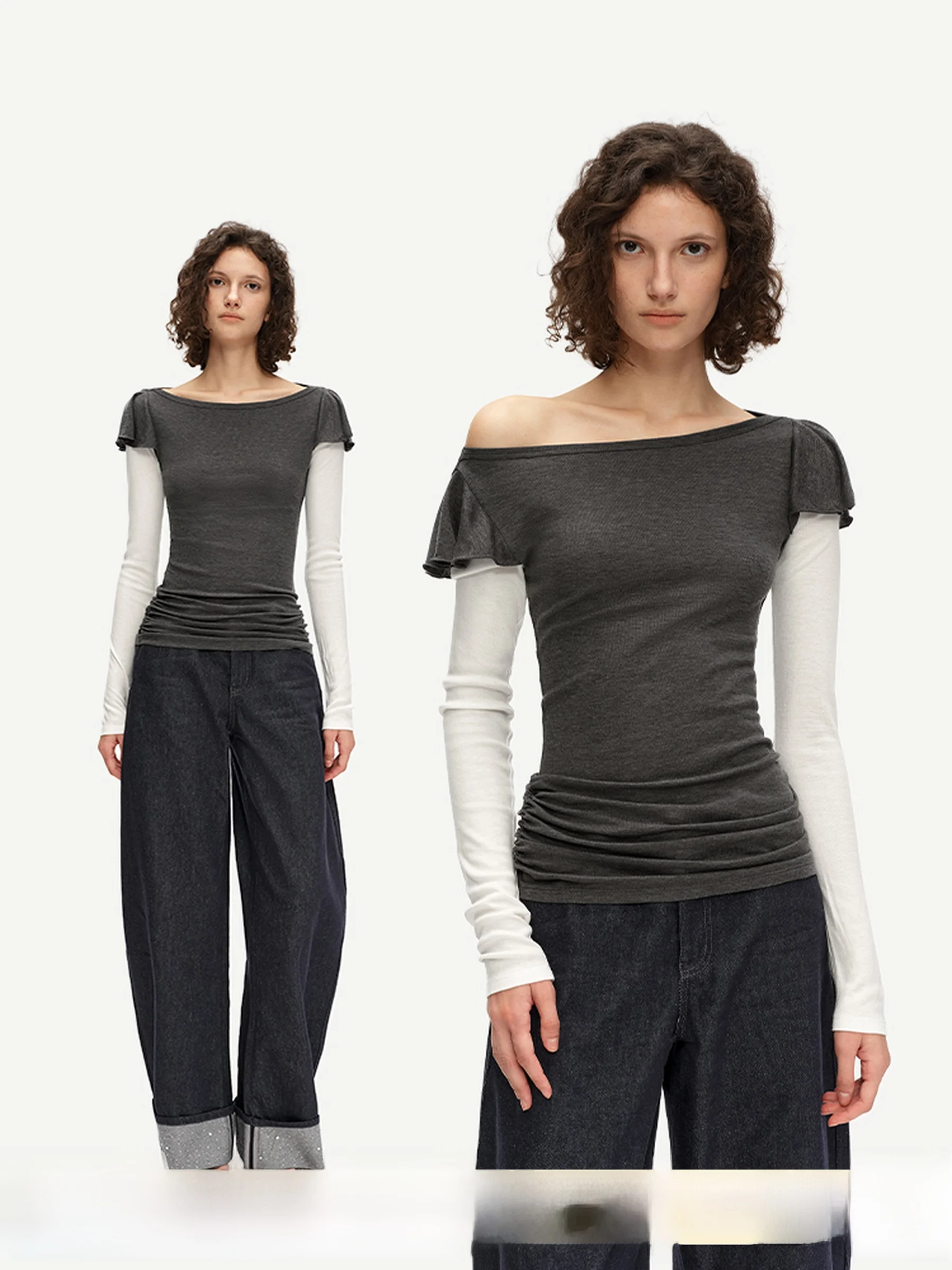 

Comfortable Lacey Silk Small Flng Sve Color Colion Fake Two-Piece Slim Fit Long Sve Base Layer T-irt for Women