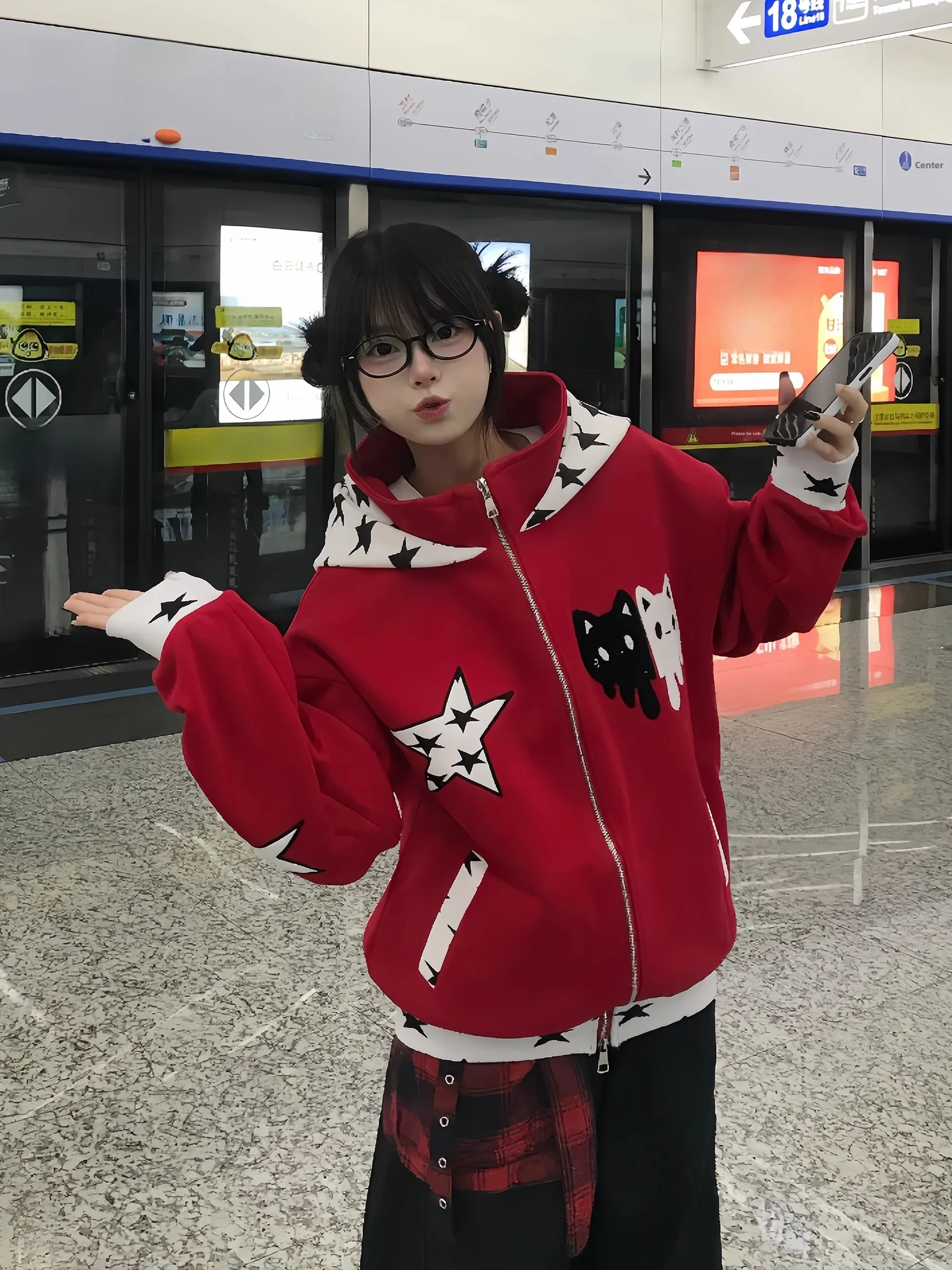 

American Sle Fce Lined Hoodie Women's Loose Fit Embroidered Design Spring Autumn Winter New Sle Open Cardigan Jaet