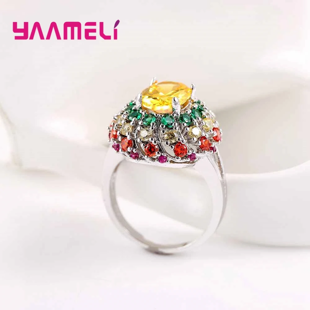 Stylish Luxury Style Colorful Crystal Cubic Zirconia With Yellow Stone 925 Sterling Silver Rings For Women Gift