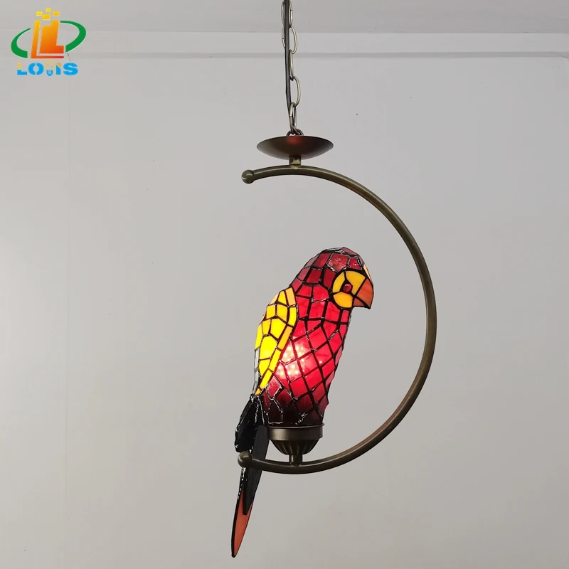 American Parrot Iron Chandelier Tiffany Style Restaurant Bar Decoration Animal Atmosphere Lamp Warm Color Antique Colored Glass