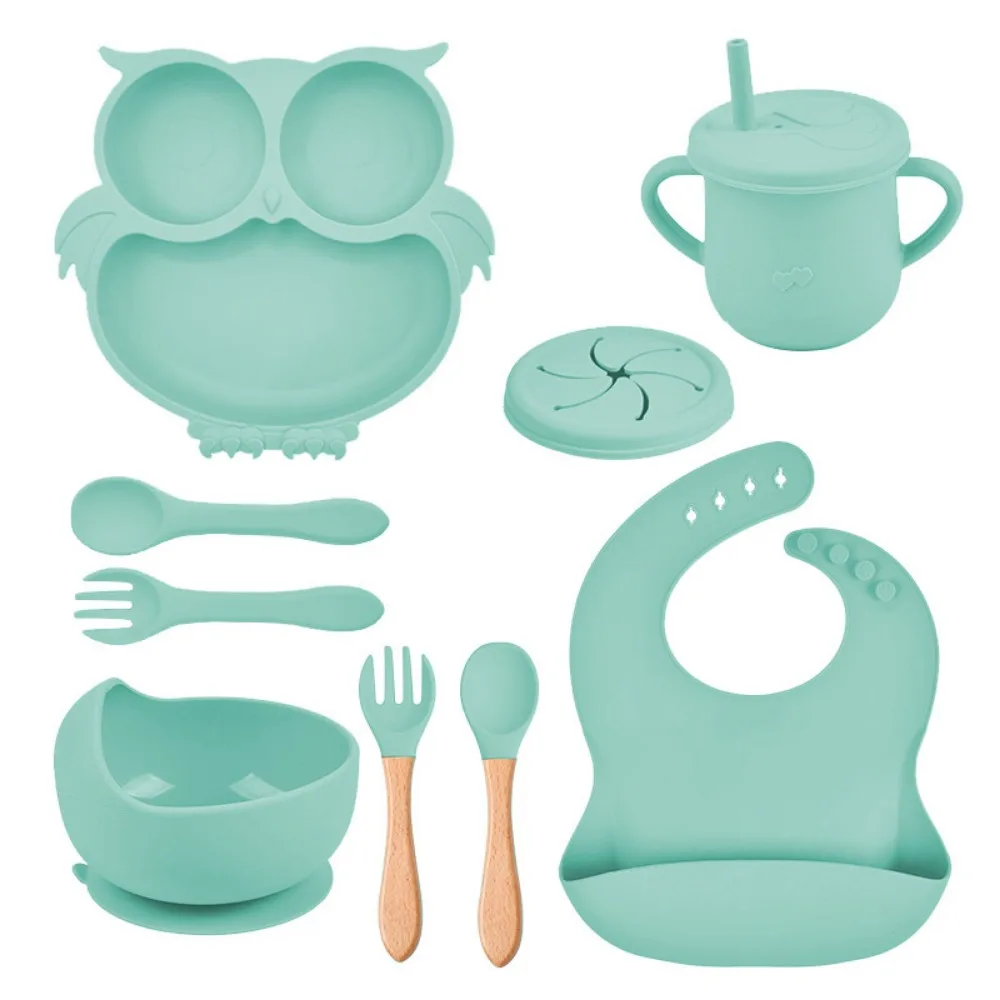 2024 7Pcs Baby Silicone Tableware Owl Dinner Plate 3-compartment Suction Cup Food Plate Bowl Spoon Baby Feeding Tableware Set