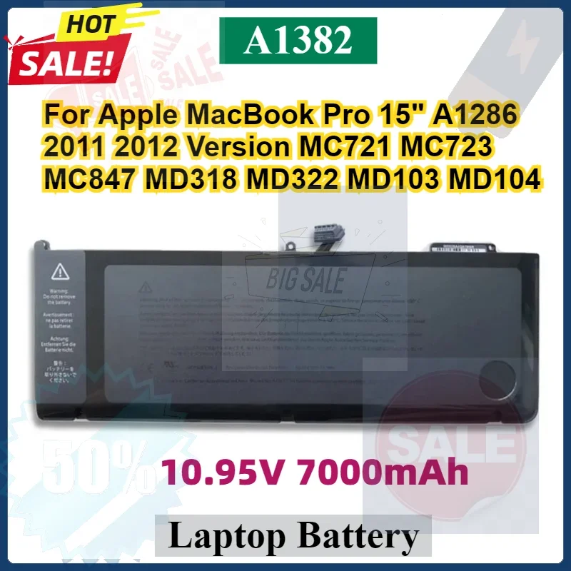 SWZY New A1382 Laptop Battery for Apple MacBook Pro 15inch A1286 2011 2012 Version MC721 MC723 MD318 MD322 MD103 MD104 MC847 10.