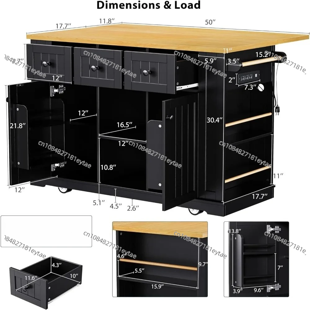 Rolling Kitchen Island Cart with Open Side Racks Kitchen Storage Island on Wheels with Drop Leaf & Power Outlet