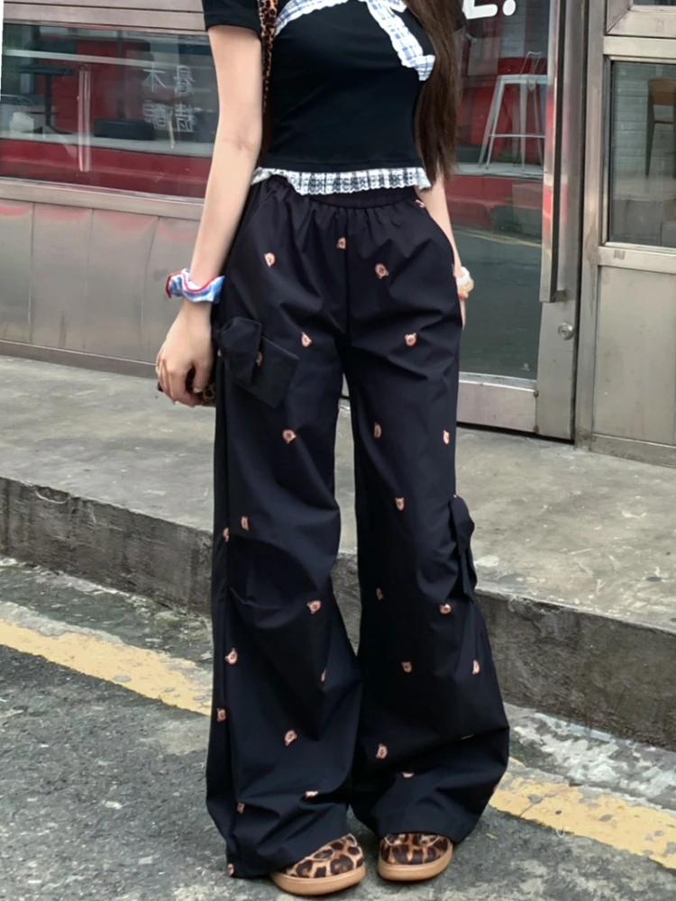 ADAgirl Kawaii Bear Printed Pants with Bow Pink Sports Sweatpants Women Y2k Baggy Cargo High Waist Parachute Trousers Cutecore