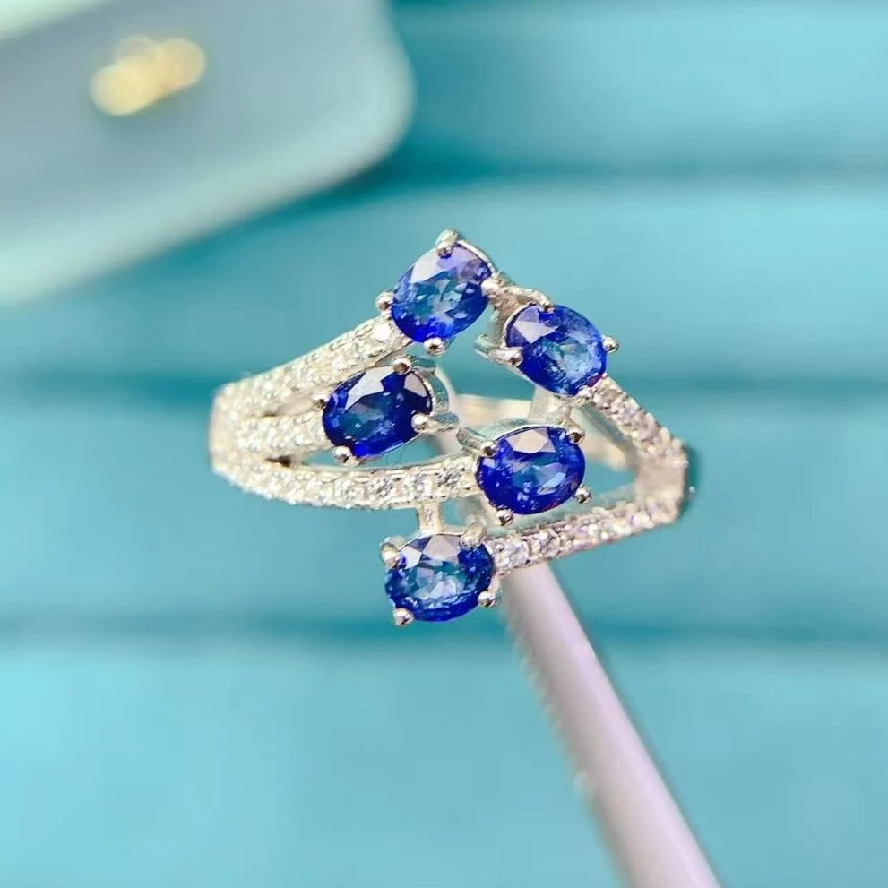Natural Sapphire with Certificate 925 Silver Ring 3x4mm Genuine Sapphire Silver Band with Gold Plating Birthday Gift for Women