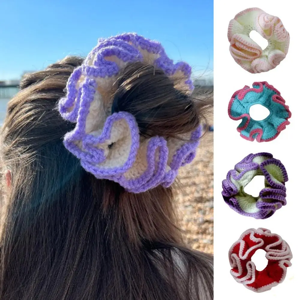 New Colored Handmade Knitted Ruffles Hairloop Scrunchie Woolen Hook Woven Hair Ring Elastic Hair Rubber Band Hair Accessories