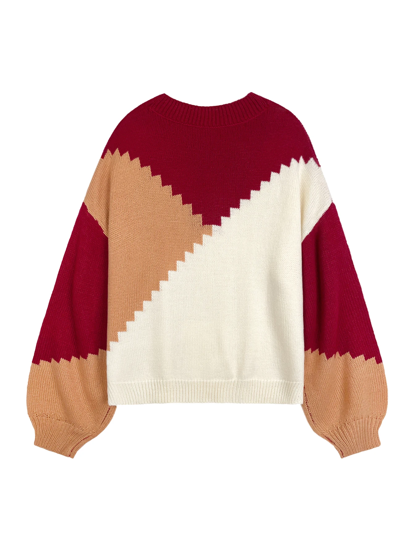 Cross-border Europe and the United States knitted women's sweater loose temperament match color crew-neck blouse hot sale