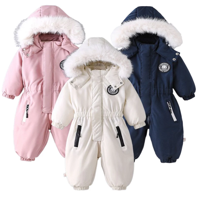 

2024 Baby Girls Boys Ski Suit -30 Degree Winter Toddler Overalls Kids Hooded Thickened Plus Velvet down Jacket Children Jumpsuit