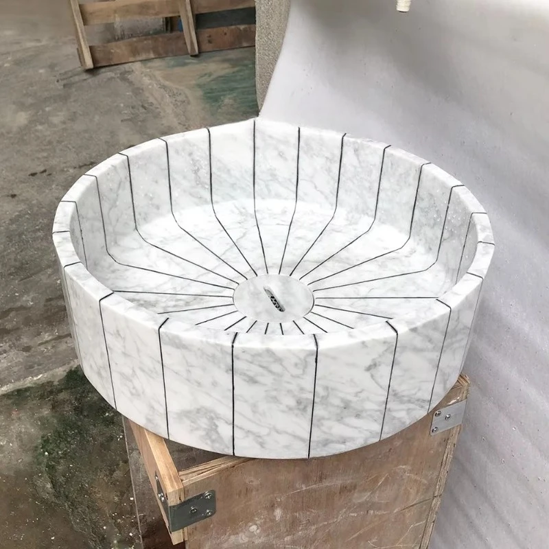 Modern White Arabescato Marble Vessel Pedestal Sink Eco-Friendly Washbasin Drainer Bathroom Washroom Easy Clean Features