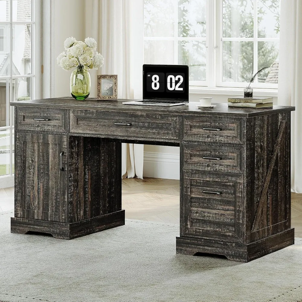 

59 Inch Wood Farmhouse Office Desk with Drawers, Executive Computer Desk with File Cabinet & Charging Station