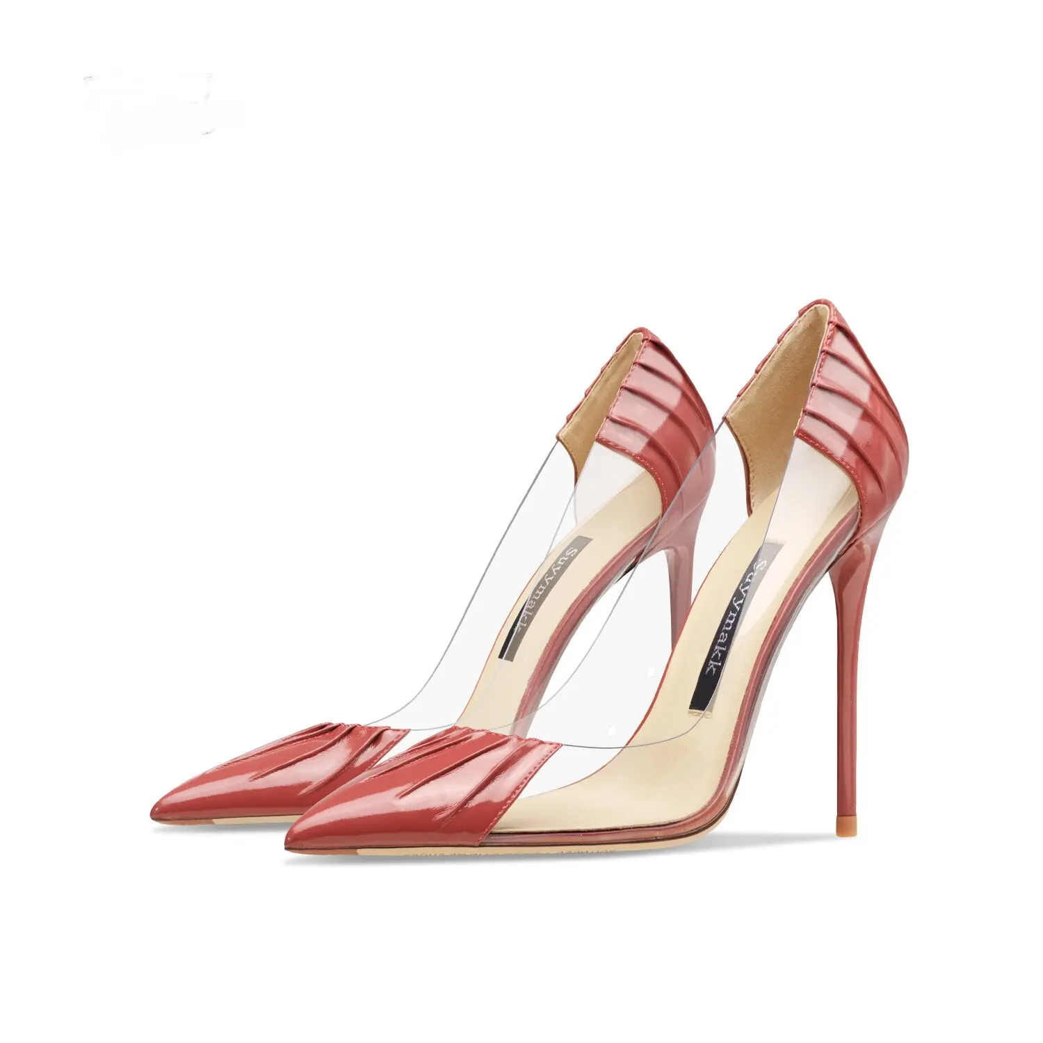 Transparent pleated high heels for women\'s 2024 new slim heels with fashionable design and versatile patent leather single shoes