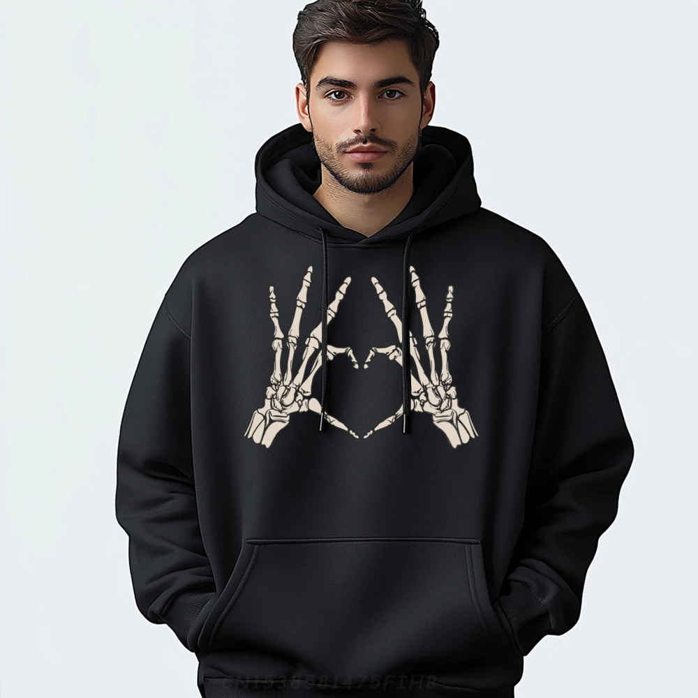 I Love Halloween Skeleton Hand Heart Shape Sign Cute Costume Printed Hoodie Women Oversized Hoodies Men Large Size Printed