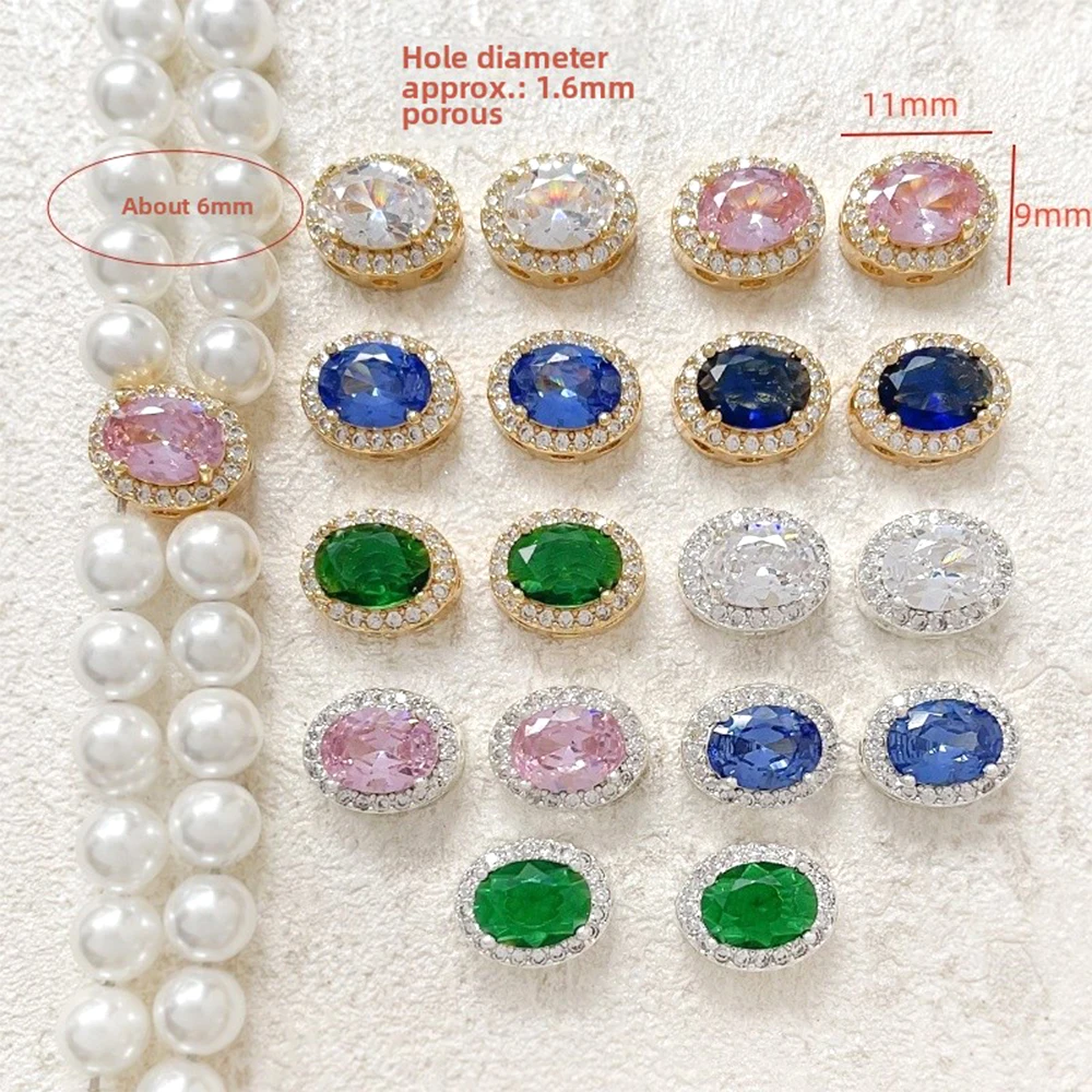 3 PCS Brass coated gold Zircon inlay Elliptical porous spacer bead DIY makes fashionable jewelry Necklace bracelet Accessories