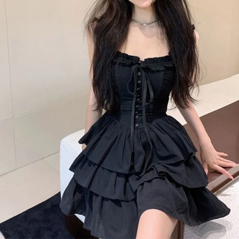 Sleeveless Mini Dresses Women Lace-up Buttons Solid Color Slim Sexy Girls Sling Dress Flattering Waist Simple Pleated Casual Ins