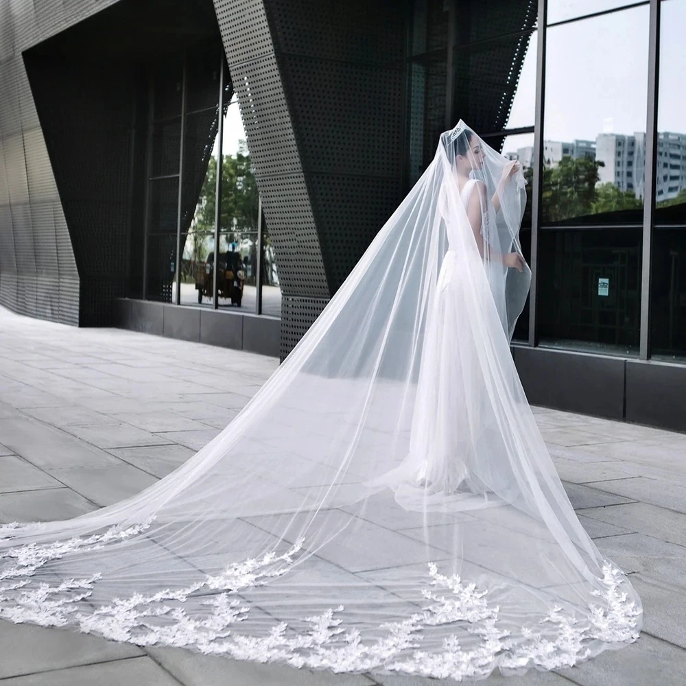 

Long Wedding Veil 4 Meters Lace Edge Bridal Veils with Blusher Drop Veil Embroidered Cathedral Veil Lace Applique