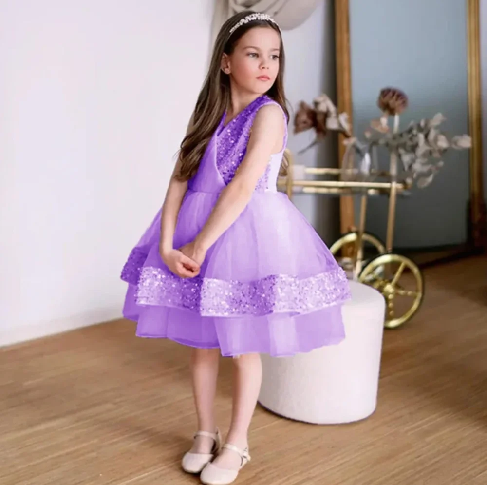 Luksusowa, błyszcząca, cekinowa suknia balowa dla dziewczynki na pierwszą komunię, plisowana, do kolan, długa, formalna suknia ślubna dla druhny.