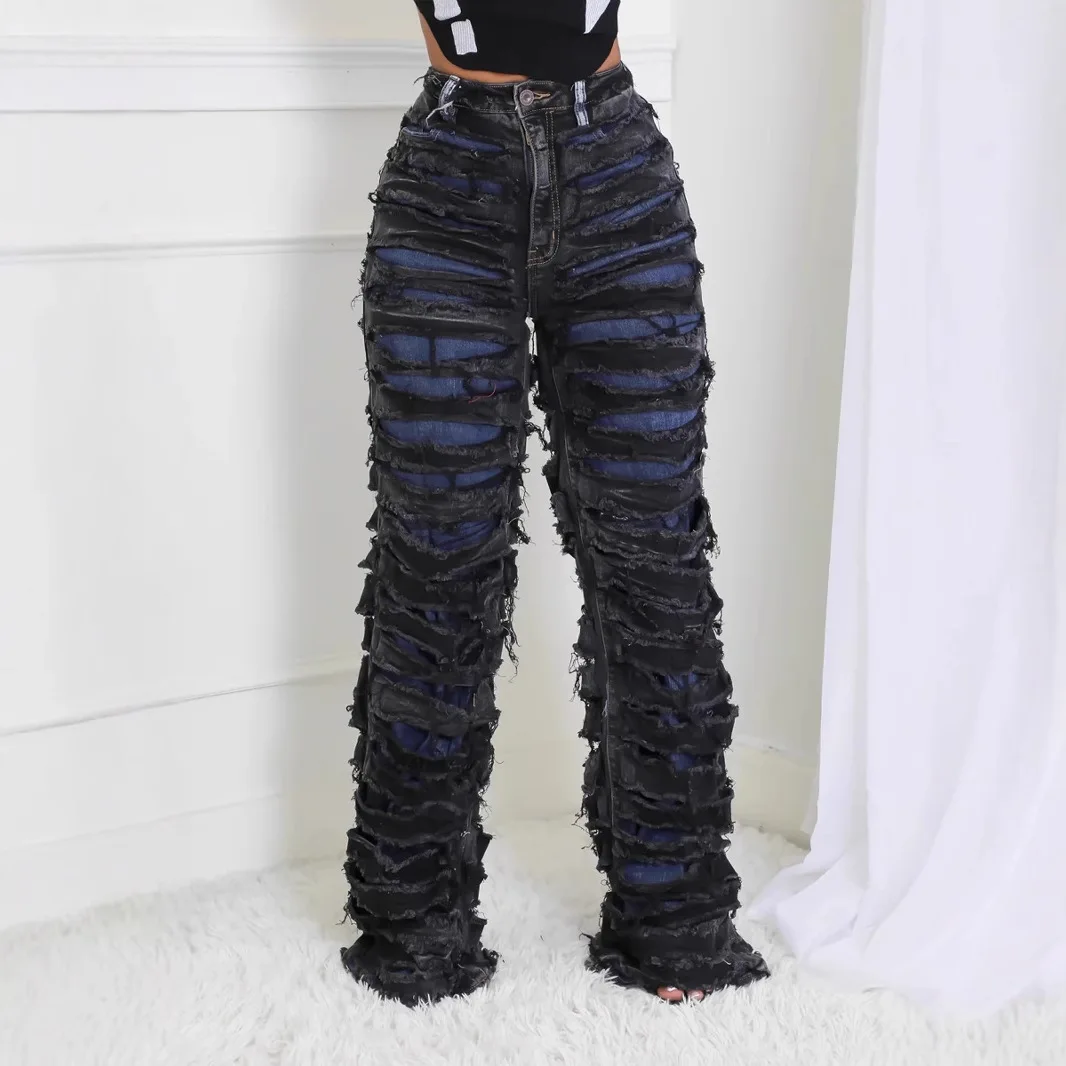 

Vintage Jeans Straight Pants Women Double Hole Denim Trousers Streetwear High Waist Stretch Punk Gothic Y2k 2025 Floor Length