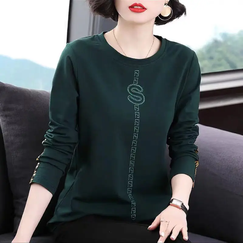 New Long-sleeved T-shirt for Women Fashionable Diamond-encrusted Mom Top Loose and Versatile Trendy Women Clothing